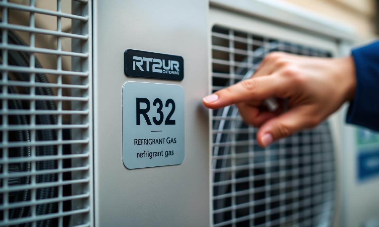 Unità esterna climatizzatore con etichetta gas refrigerante R32