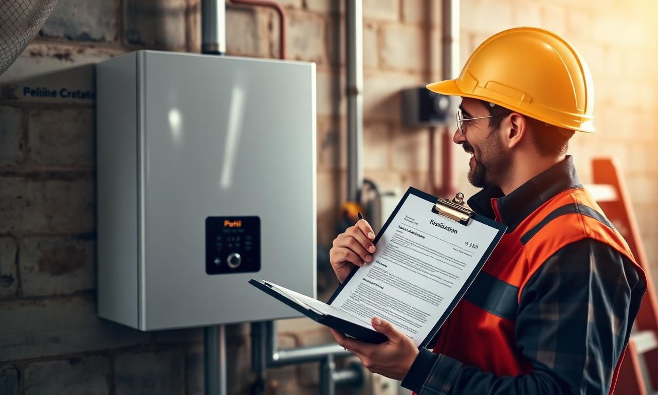 Installatore firma la dichiarazione di conformità accanto a una caldaia murale