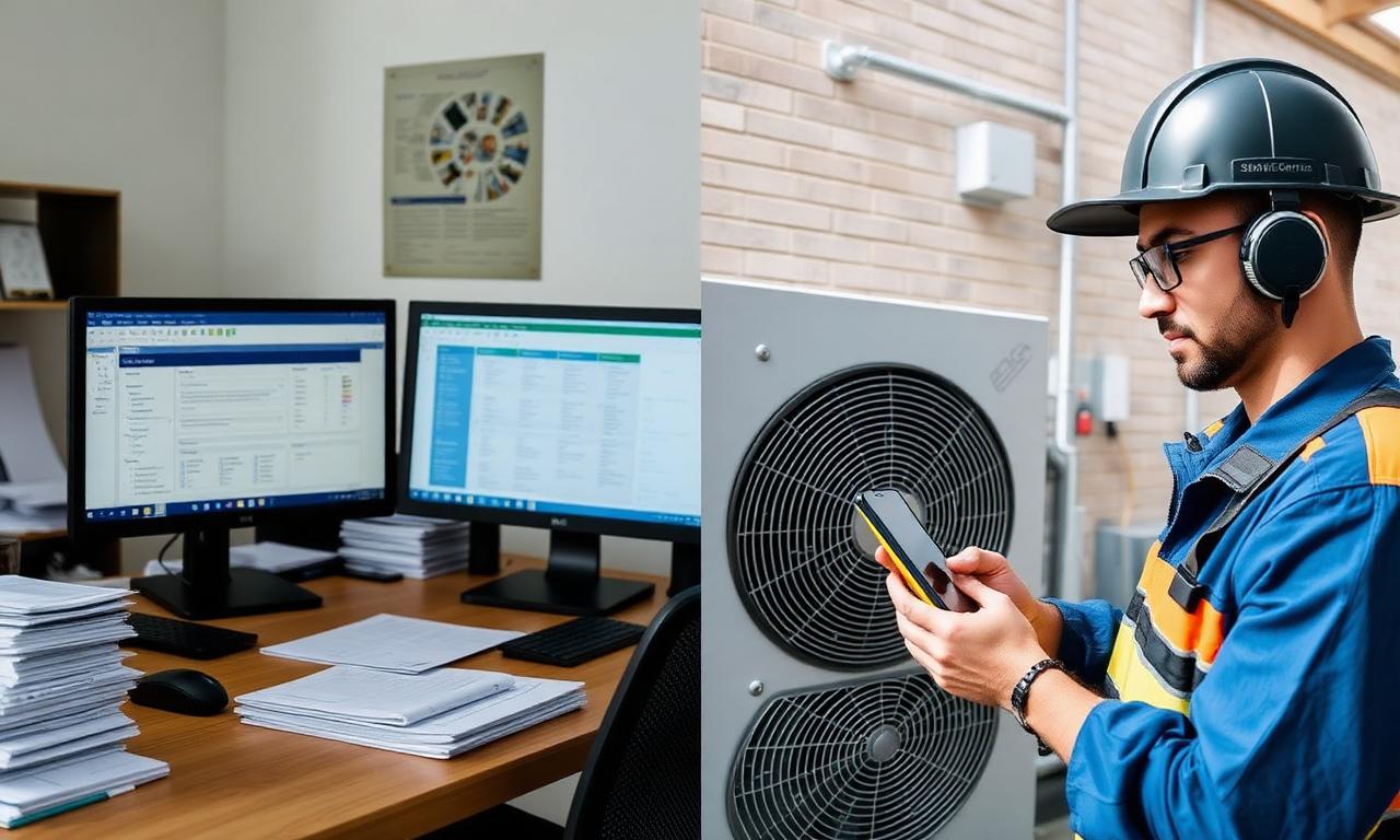Confronto tra ufficio con gestionale tradizionale e tecnico HVAC in cantiere con smartphone